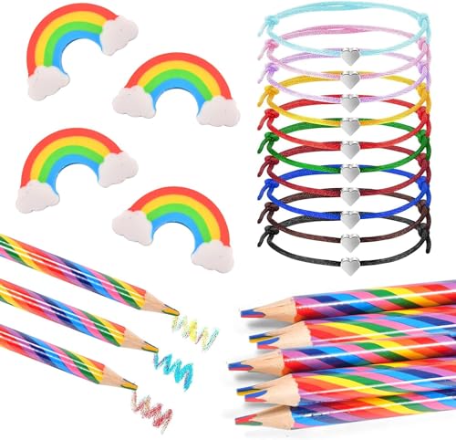 30 Stück Radiergummis, Serie Rainbow: 10 Stück Regenbogen Buntstifte und 10 2B Radiergummi Regenbogen Radiergummis, 10 Armbänder aus verstellbarem Herzseil, für Kinder Erwachsene Schule Basteln von FGen