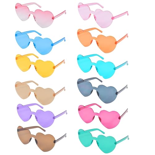 FGen Herz Sonnenbrille 12 Stück, Hippie Brille,Bunte Sonnenbrille Partybrille Randlose,Sonnenbrillen Herzform Set,Partybrille, für Kinder und Erwachsene von FGen