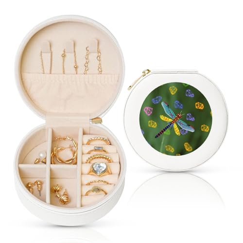 FHEBNDS Leder-Reise-Schmuckkästchen für Damen, Geburtstagsgeschenke, bunte Libellen-Schmuckschatulle mit Reißverschluss, klein, rund, Schmuck-Organizer, Aufbewahrungsbox für Ringe, Ohrringe FHEBNDS Leder-Reise-Schmuckkästchen für Damen, Geburtstagsgeschenke, bunte Libellen-Schmuckschatulle mit Reißverschluss, klein, rund, Schmuck-Organizer, Aufbewahrungsbox für Ringe, Ohrringe von FHEBNDS