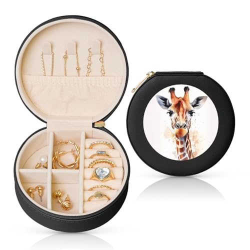 FHEBNDS Leder-Reise-Schmuckkästchen für Damen, Geburtstagsgeschenke, stilvolle Tier-Aquarell-Giraffen-Schmuckschatulle mit Reißverschluss, klein, rund, Schmuck-Organizer, Aufbewahrungsbox für Ringe FHEBNDS Leder-Reise-Schmuckkästchen für Damen, Geburtstagsgeschenke, stilvolle Tier-Aquarell-Giraffen-Schmuckschatulle mit Reißverschluss, klein, rund, Schmuck-Organizer, Aufbewahrungsbox für Ringe von FHEBNDS