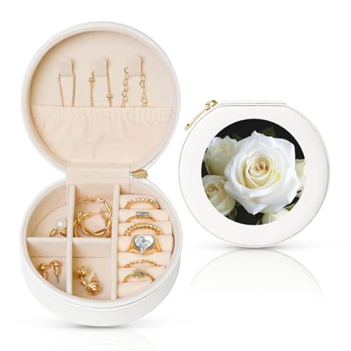 FHEBNDS Leder-Reise-Schmuckkästchen für Damen, Geburtstagsgeschenke, weiße Rose, Schmuckschatulle mit Reißverschluss, klein, rund, Schmuck-Organizer, Aufbewahrungsbox für Ringe, Ohrringe, Halsketten FHEBNDS Leder-Reise-Schmuckkästchen für Damen, Geburtstagsgeschenke, weiße Rose, Schmuckschatulle mit Reißverschluss, klein, rund, Schmuck-Organizer, Aufbewahrungsbox für Ringe, Ohrringe, Halsketten von FHEBNDS