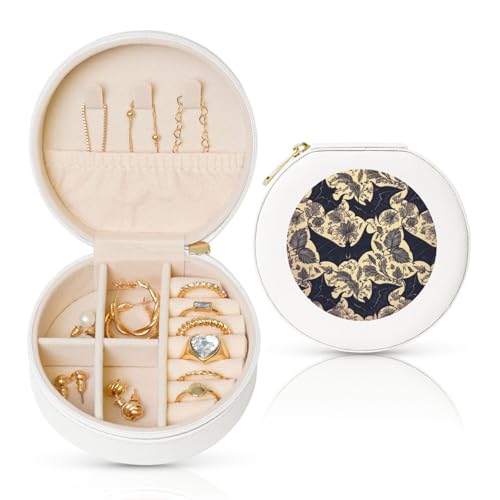 FHEBNDS Reise-Schmuckkästchen aus Leder für Damen, Geburtstagsgeschenke, Fledermaus-Druck, Schmuckschatulle mit Reißverschluss, klein, rund, Schmuck-Organizer, Aufbewahrungsbox für Ringe, Ohrringe FHEBNDS Reise-Schmuckkästchen aus Leder für Damen, Geburtstagsgeschenke, Fledermaus-Druck, Schmuckschatulle mit Reißverschluss, klein, rund, Schmuck-Organizer, Aufbewahrungsbox für Ringe, Ohrringe von FHEBNDS