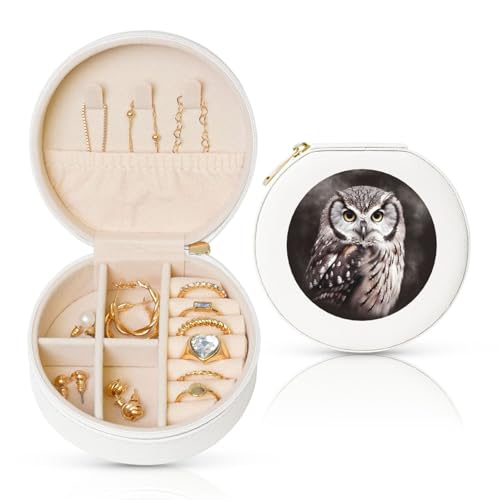 FHEBNDS Reise-Schmuckkästchen aus Leder für Frauen, Geburtstagsgeschenke, Eulen-Schmuckschatulle mit Reißverschluss, klein, rund, Schmuck-Organizer, Aufbewahrungsbox für Ringe, Ohrringe, Halsketten FHEBNDS Reise-Schmuckkästchen aus Leder für Frauen, Geburtstagsgeschenke, Eulen-Schmuckschatulle mit Reißverschluss, klein, rund, Schmuck-Organizer, Aufbewahrungsbox für Ringe, Ohrringe, Halsketten von FHEBNDS