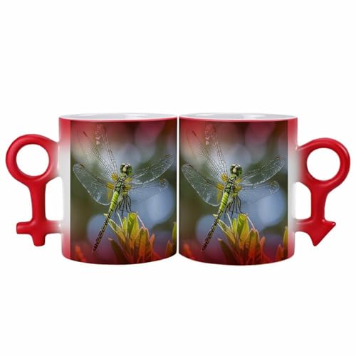 FHECVBN Lustige magische Kaffeetasse mit Schmucksteinen, Libelle, bedruckt, Paare, Symbol, Verfärbung, Farbwechsel, Kaffeetasse für Freund, Freundin, 330 ml, Rot von FHECVBN