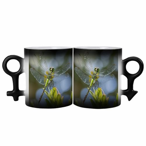 FHECVBN Lustige magische Kaffeetasse mit Schmucksteinen, Libellen-Druck, Paare, Symbol, Verfärbung, Farbwechsel, Kaffeetasse für Freund, Freundin, 328 ml, Schwarz von FHECVBN