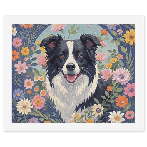 FHECVBN Malen nach Zahlen Kit für Erwachsene Anfänger Border Collie Blumen Erwachsene Malen nach Zahlen Kits DIY Digital Painting Kit Acryl Ölgemälde Kits Home Wall Decor von FHECVBN