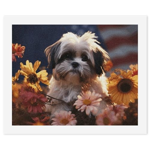 FHECVBN Malen nach Zahlen Kit für Erwachsene Anfänger Shih Tzu Hund und Blumen Erwachsene Malen nach Zahlen Kits DIY Digital Painting Kit Acryl Ölgemälde Kits Home Wall Decor von FHECVBN