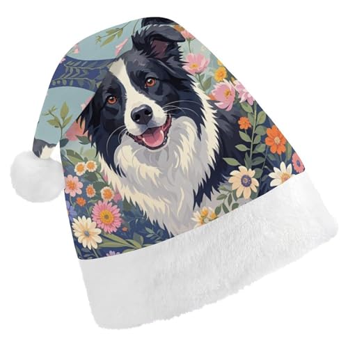 FHECVBN Weihnachtsmütze für Erwachsene, Border Collie, Blumen, bedruckt, Weihnachtsmannmütze, Weihnachtsmütze für Uni, Neujahr, festliche Party von FHECVBN