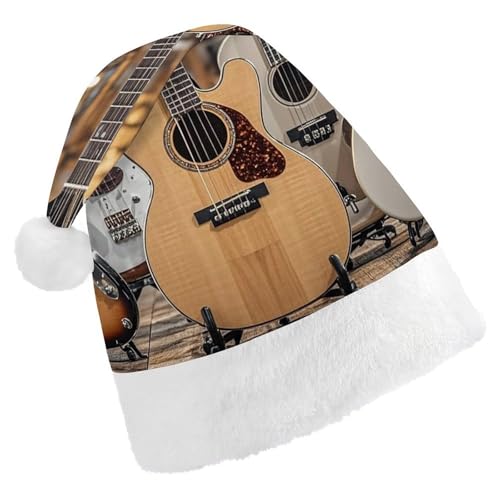 FHECVBN Weihnachtsmütze für Erwachsene, Gitarre, Bass, Musik, Musikinstrumente, bedruckt, Weihnachtsmannmütze, Weihnachtsmütze für Uni, Neujahr, festliche Party von FHECVBN