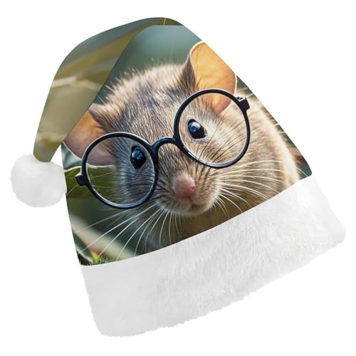 FHECVBN Weihnachtsmütze für Erwachsene, Meerschweinchen-Maus mit Brille, bedruckt, Weihnachtsmannmütze, Weihnachtsmütze für Uni, Neujahr, festliche Party von FHECVBN