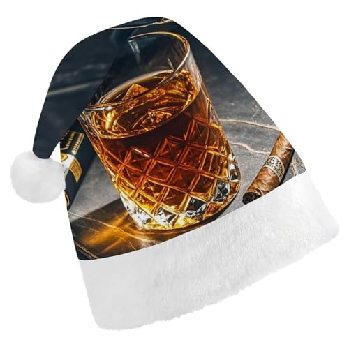 FHECVBN Weihnachtsmütze für Erwachsene, Zigarre und Whiskey, bedruckt, Weihnachtsmannmütze, Weihnachtsmütze für Uni, Neujahr, festliche Party von FHECVBN