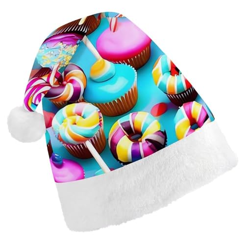 FHECVBN Weihnachtsmütze für Erwachsene, bunt, süßer Lutscher, Cupcake, Donut, bedruckt, Weihnachtsmannmütze, Weihnachtsmütze für Uni, Neujahr, festliche Party von FHECVBN