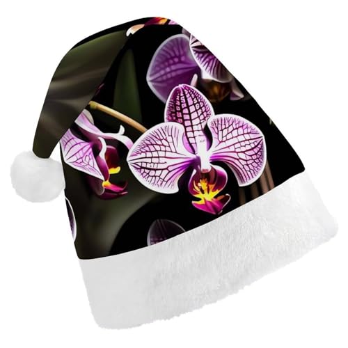 FHECVBN Weihnachtsmütze für Erwachsene, violette Orchideen, bedruckt, Weihnachtsmannmütze, Weihnachtsmütze für Uni, Neujahr, festliche Party von FHECVBN