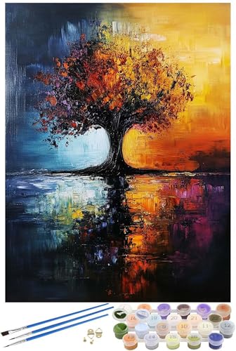 Baum Malen Nach Zahlen Erwachsene mit Rahmen, Herbst Malen Nach Zahlen ab 7 Jahre Mädchen Kinder Anfänger, 5D DIY Paint by Numbers Bastelset mit 3 Pinseln und Acrylfarbe, Home Wanddeko, 40x50cm -7434 von FHFFTZSC