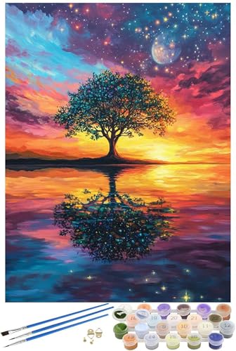 Baum Malen Nach Zahlen Erwachsene mit Rahmen, Sonnenuntergang Malen Nach Zahlen ab 7 Jahre Mädchen Kinder Anfänger, Paint by Numbers Bastelset mit 3 Pinseln und Acrylfarbe, Wanddeko, 90x120cm -6639 von FHFFTZSC