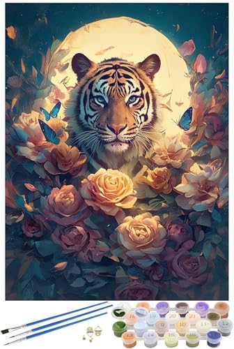 Blume Malen Nach Zahlen Erwachsene mit Rahmen, Tiger Malen Nach Zahlen ab 7 Jahre Mädchen Kinder Anfänger, 5D DIY Paint by Numbers Bastelset mit 3 Pinseln und Acrylfarbe, Home Wanddeko, 20x30cm -6042 von FHFFTZSC