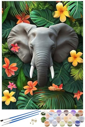 Elefant Malen Nach Zahlen Erwachsene mit Rahmen, Blume Malen Nach Zahlen ab 7 Jahre Mädchen Kinder Anfänger, DIY Paint by Numbers Bastelset mit 3 Pinseln und Acrylfarbe, Home Wanddeko, 40x50cm -7494 von FHFFTZSC