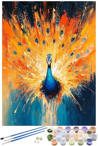 Kunst Malen Nach Zahlen Erwachsene mit Rahmen, Pfau Malen Nach Zahlen ab 7 Jahre Mädchen Kinder Anfänger, Paint by Numbers Bastelset mit 3 Pinseln und Acrylfarbe, Home Wanddeko Gifts, 45x60cm -6525 von FHFFTZSC