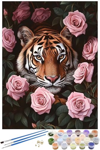 Malen Nach Zahlen Erwachsene Tiger Malen Nach Zahlen Blume Malen Nach Zahlen ab 7 8 Jahre Mädchen Geschenk, Handgemalt Ölgemälde Kit für Anfänger mit 3 Pinseln und Acrylfarbe, 20x30cm mit Rahmen -6052 von FHFFTZSC