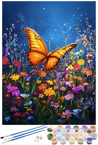 Schmetterling Malen Nach Zahlen Erwachsene mit Rahmen, Blume Malen Nach Zahlen ab 7 Jahre Mädchen Kinder Anfänger, Paint by Numbers Bastelset mit 3 Pinseln und Acrylfarbe, Home Wanddeko, 50x70cm -5796 von FHFFTZSC