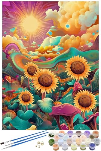 Sonnenblume Malen Nach Zahlen Erwachsene mit Rahmen, Blume Malen Nach Zahlen ab 7 Jahre Mädchen Kinder Anfänger, Paint by Numbers Bastelset mit 3 Pinseln und Acrylfarbe, Home Wanddeko, 90x120cm -5259 von FHFFTZSC