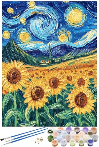 Sonnenblume Malen Nach Zahlen Erwachsene mit Rahmen, Wirbel Malen Nach Zahlen ab 7 Jahre Mädchen Kinder Anfänger, Paint by Numbers Bastelset mit 3 Pinseln und Acrylfarbe, Home Wanddeko, 40x50cm -6144 von FHFFTZSC