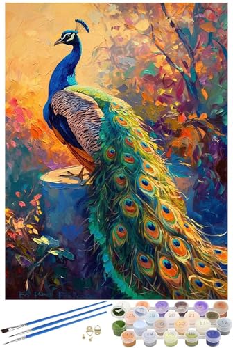 Tier Malen Nach Zahlen Erwachsene mit Rahmen, Pfau Malen Nach Zahlen ab 7 Jahre Mädchen Kinder Anfänger, DIY Paint by Numbers Bastelset mit 3 Pinseln und Acrylfarbe, Home Wanddeko Gifts, 30x40cm -6513 von FHFFTZSC