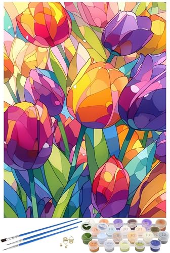 Tulpe Malen Nach Zahlen Erwachsene mit Rahmen, Blume Malen Nach Zahlen ab 7 Jahre Mädchen Kinder Anfänger, 5D DIY Paint by Numbers Bastelset mit 3 Pinseln und Acrylfarbe, Home Wanddeko, 80x100cm -6258 von FHFFTZSC