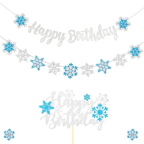 Frozen Snowflake Birthday Decorations Banner Winter Glitter White and Blue Frozen Snowflake Birthday Cake Toppers for Winter Wonderland Party Christmas Birthday Party Supplies von FHGG