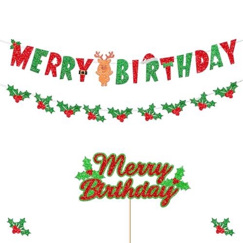 Glitzer Weihnachten Geburtstag Banner Frohe Geburtstag Weihnachten Dekorationen Banner Rot Grün Weihnachten Happy Birthday Cake Toppers Xmas Geburtstag für Geburtstagsdeko Babyparty Party Dekorationen von FHGG