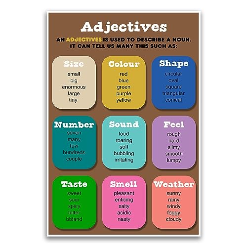 Adjectives Englisches Grammatikposter – Pädagogisches Schulposter für Grundschulklassenzimmer – 30,5 x 45,7 cm ungerahmtes Poster – Premium-Poster auf 45,4 kg Glanzpapier – gedruckt in den USA von FHJ