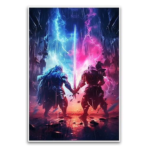 Dueling Knights Neon Fantasy Digitales Kunstposter, mittelalterliches Cyberpunk, buntes lebendiges Weltraum-Poster, 30,5 x 45,7 cm, ungerahmtes Poster, Premium-Poster auf 45,4 kg Glanzpapier, gedruckt von FHJ