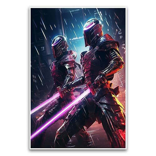 Dueling Knights Neon Fantasy Digitales Kunstposter, mittelalterliches Cyberpunk, buntes lebendiges Weltraum-Poster, 30,5 x 45,7 cm, ungerahmtes Poster, Premium-Poster auf 45,4 kg Glanzpapier, gedruckt von FHJ