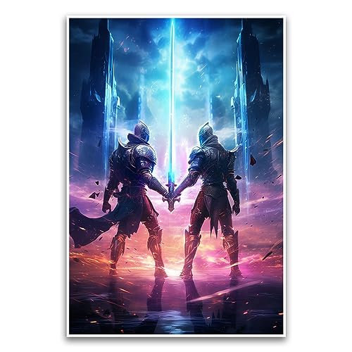 Dueling Knights Neon Fantasy Digitales Kunstposter, mittelalterliches Cyberpunk, buntes lebendiges Weltraum-Poster, 30,5 x 45,7 cm, ungerahmtes Poster, Premium-Poster auf 45,4 kg Glanzpapier, gedruckt von FHJ