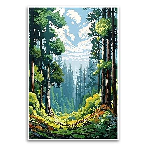 Evergreen Forest Illustratives digitales Kunstposter – cooles, ruhiges Postkarten-Stil, Bergposter – 30,5 x 45,7 cm, ungerahmtes Poster – Premium-Poster auf 45,4 kg Glanzpapier – gedruckt in den USA von FHJ