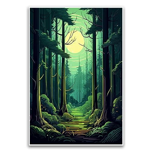 Evergreen Forest Illustratives digitales Kunstposter – cooles, ruhiges Postkarten-Stil, Bergposter – 30,5 x 45,7 cm, ungerahmtes Poster – Premium-Poster auf 45,4 kg Glanzpapier – gedruckt in den USA von FHJ