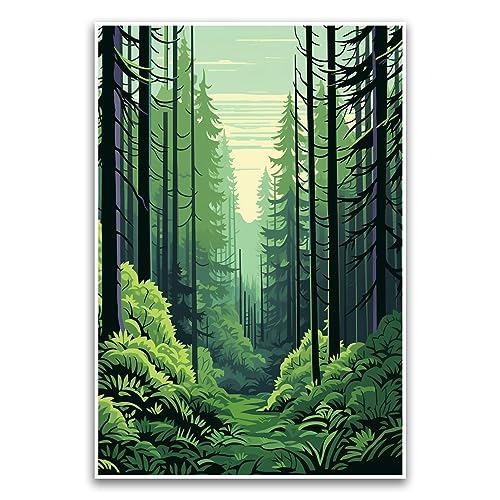 Evergreen Forest Illustratives digitales Kunstposter – cooles, ruhiges Postkarten-Stil, Bergposter – 30,5 x 45,7 cm, ungerahmtes Poster – Premium-Poster auf 45,4 kg Glanzpapier – gedruckt in den USA von FHJ