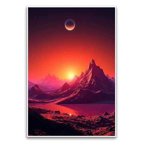 Neon Mountain Sunset Vibrant Colors Poster – Neon Mountain Fantasy Futuristisches SciFi Cyberpunk-Poster – 30,5 x 45,7 cm ungerahmtes Poster – Premium-Poster auf 45,4 kg Glanzpapier – gedruckt in den von FHJ