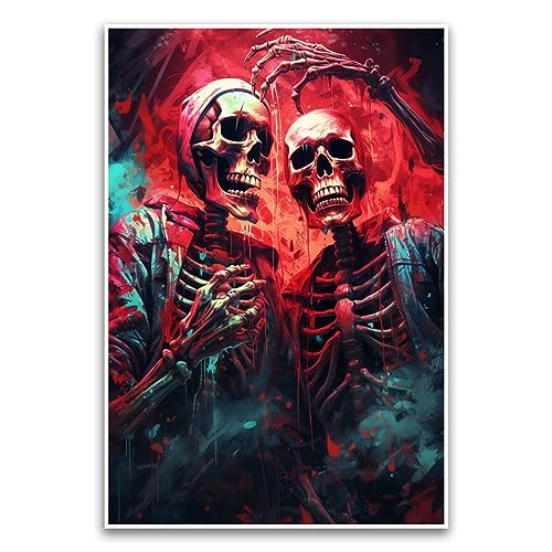 Vibrant Skeleton Friends Digitales Kunstposter – zweifarbiges cooles Grunge-Halloween-Poster – 30,5 x 45,7 cm ungerahmtes Poster – Premium-Poster auf 45,4 kg Glanzpapier – gedruckt in den USA FHJP1167 von FHJ