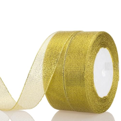 2 Rollen Metallisch-Goldenes Organzaband, Metallisches Organza-Geschenkband, Glänzendes Dekoratives Weihnachtsband, 40 mm Breit, Geeignet zum Verpacken von Geschenken, zum Basteln von FIBOUND