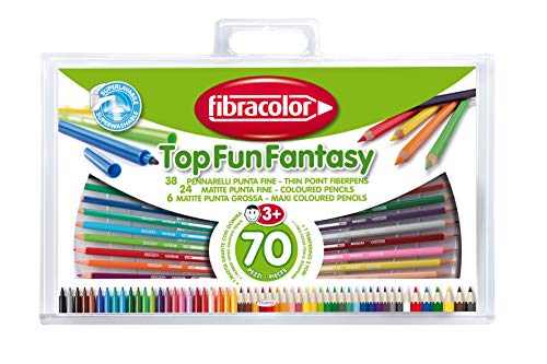 FIBRACOLOR Top Fun Fantasy - Koffer 70-teilig - 38 Buntstifte, 24 Buntstifte Rainbow feine Spitze, 6 Rainbow Maxi Buntstifte grobe Spitze, 1 Graphitstift mit Radiergummi, 1 Anspitzer von FIBRACOLOR