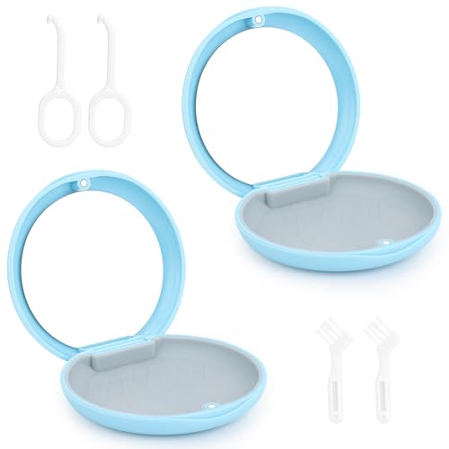 2 Pack Zahnspangendosen mit Spiegel, Schlanke Aligner Hüllen, Magnetverschluss für kieferorthopädische Aufbewahrungsboxen, Zahnschienen Box mit Halter Entferner und Bürsten. (Blau-Blau) von FIDWALL