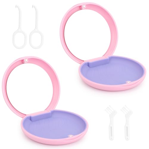 2 Pack Zahnspangendosen mit Spiegel, Schlanke Aligner Hüllen, Magnetverschluss für kieferorthopädische Aufbewahrungsboxen, Zahnschienen Box mit Halter Entferner und Bürsten. (Rosa-Rosa) von FIDWALL