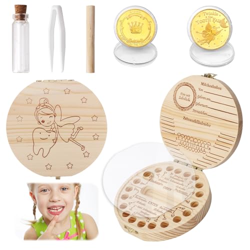 FIDWALL Milchzahndose und Zahnfee-Münzen-Set, Zahndose aus Holz für Mädchen & Jungen, Milchzahndose mit Haarlocken-Aufbewahrung, Zahnfee Münzen als Geschenk für Kinder, Erinnerung an erste Milchzähne von FIDWALL