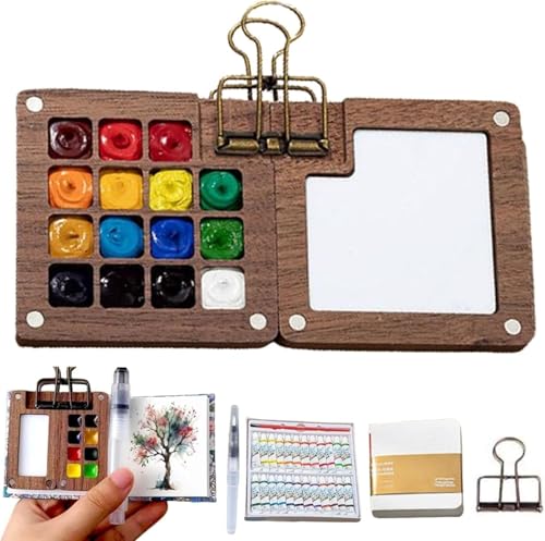 FIENZA Tragbare Palette Aquarell-Reise-Set,Reise 8 /15Raster Tragbare Palette Aquarelltasche Holz- Mini Reise Farbtablett-Box für Maler, Künstler, Studenten (15set) von FIENZA