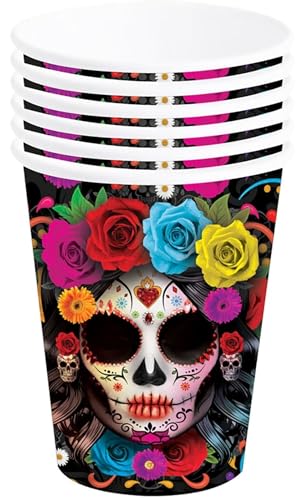 FIESTAS GUIRCA | 6 Pappbecher Catrina (240 ml) (9 cm) - Tischdekoration für Halloween und mexikanische Feste - Ideal für Grusel-Feiern - Mehrfarbig von FIESTAS GUIRCA