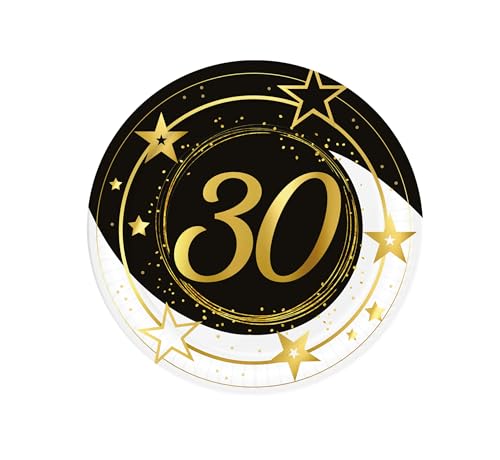 FIESTAS GUIRCA | 6 Pappteller 30 Jahre (23 cm) - Tischdekoration für Partys und Feiern - Ideal für 30 Jahre Events und Feste - Schwarz, Gold, Weiß von FIESTAS GUIRCA