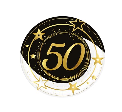 FIESTAS GUIRCA | 6 Pappteller 50 Jahre (23 cm) - Tischdekoration für Partys und Feiern - Ideal für Jubiläums- und Geburtstagsfeiern - Schwarz, Gold, Weiß von FIESTAS GUIRCA