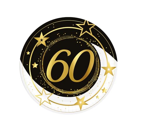 FIESTAS GUIRCA | 6 Pappteller 60. Geburtstag (23 cm) - Tischdekoration für Partys und Feiern - Ideal für 60 Jahre Events und Feste - Schwarz, Gold, Weiß von FIESTAS GUIRCA