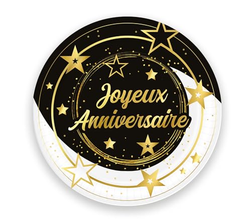 FIESTAS GUIRCA | 6 Pappteller Joyeux Anniversaire (23 cm) - Tischdekoration für Abschlussfeiern und elegante Feiern - Ideal für Jubiläen und Partys - Schwarz, Gold, Weiß von FIESTAS GUIRCA